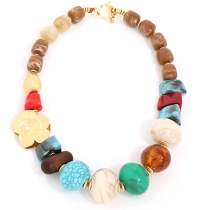 Bohemian mixed-bead necklace with resin flowers and multi-color stone-textured beads
