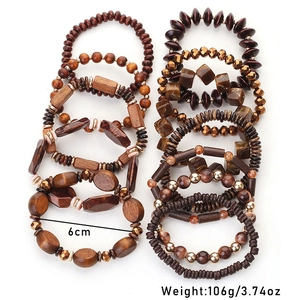 Detailed set of 12 bohemian beaded bracelets with wood, acrylic, and bronze beads