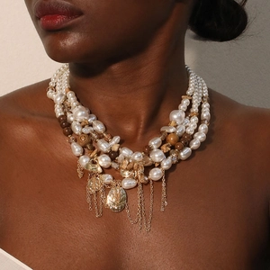 Collier Multicouche Avec Künstliche Perles D'Imitation Künstliche Perles En Bois Pierre Naturelle Alliage Franges De Gland Bohème Vintage Femme