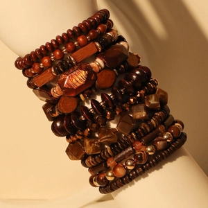 Bohemian stackable multilayer beaded bracelet set with natural wood and acrylic beads