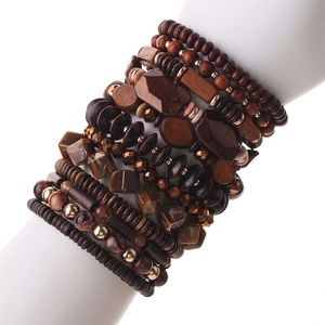 Bohemian multilayer beaded bracelet set with acrylic and wooden beads on model arm