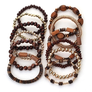 Bohemian multilayer handmade wooden bead bracelet set with gold accents for women