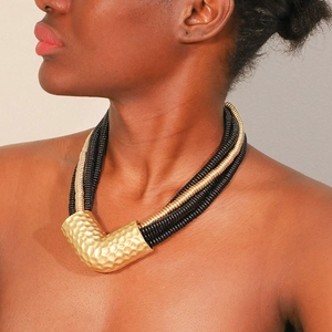 Bohemian multi-layer V-shape pendant necklace with industrial gold hammered metal finish