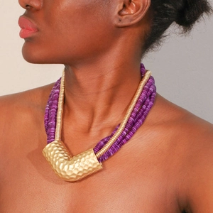 Bohemian multi-layer purple beaded necklace with textured gold V-shaped pendant