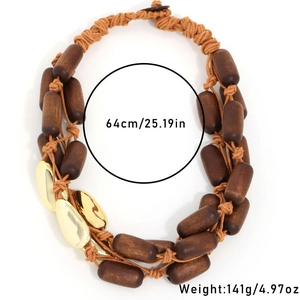 Handcrafted bohemian layered necklace with brown wood beads and gold oval pendants