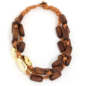 Handmade woven wooden necklace with gold teardrop accents in a bohemian layered style