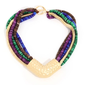 Bohemian multi-layer acrylic bead necklace with a hammered V-shaped gold pendant