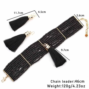 Bohemian jewelry set with black beaded wide choker necklace and long fringe tassel earrings