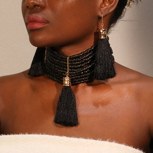 Bohemian handmade black beaded choker necklace and matching long tassel earrings jewelry set