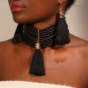 Bohemian Necklace And Earrings Multi Layer Seed Bead Fringe Tassel Handmade Alloy Ethnic Jewelry For Women