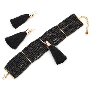 Bohemian black beaded multi-layer necklace and fringe tassel earring jewelry set