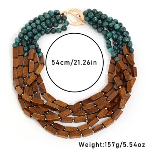 Bohemian multilayer necklace with wood beads and malachite texture with gold OT clasp