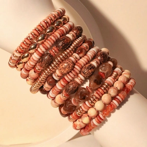 Multilayer bohemian handmade beaded bracelet set with peach pink and marble acrylic beads