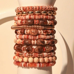 Bohemian multilayer acrylic bead bracelet set with rose gold and marble textured beads