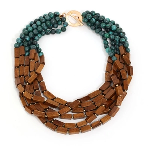 Bohemian multilayered necklace with green beads, wood accents and golden toggle clasp