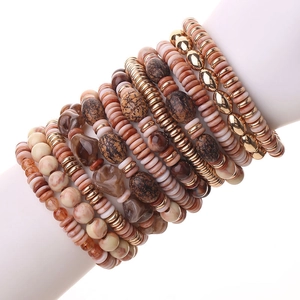 Bohemian multilayer beaded bracelet set with acrylic stones and wood beads on arm model