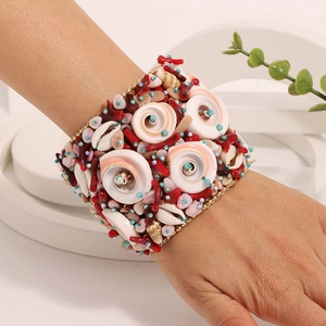 Handmade Bohemia Wide Cuff Bangle Bracelet With Natural Shell And Red Coral Stone Ethnic Ocean Style For Women