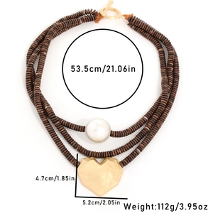 Handmade beaded multilayer necklace with large gold heart pendant and pearl detail