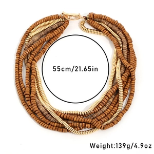 Multilayer handmade wooden bead necklace with gold metal discs and T-bar toggle clasp