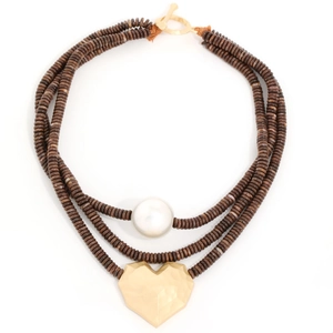 Handmade beaded multilayer necklace with a large gold heart pendant and round pearl