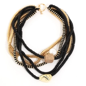 Collier multicouche de perles fait main avec fermoir à bascule doré et pendentif en bois