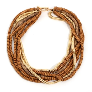 Bohemian multi-layer handmade wooden bead necklace with gold accents and toggle clasp