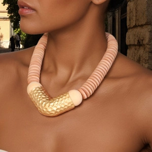 Bohemian Ethnic Wood Bead Necklace With Hammered Alloy V Shape Pendant Niche Statement Jewelry For Women