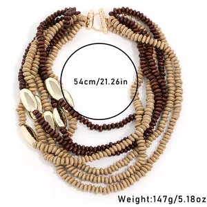 Multilayer bohemian beaded necklace with golden metal accents and dimension markers