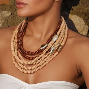 Bohemian Multi Layer Necklace Wood Beads Alloy CCB Golden Metal Accents Toggle Clasp Vintage Clavicle Chain For Women