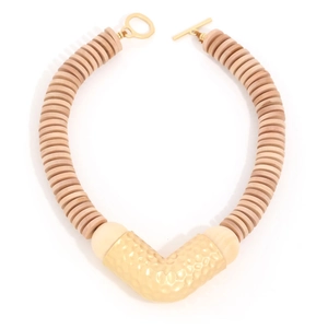 Ethnic V-shaped beaded necklace with light brown wooden discs and golden OT buckle
