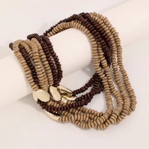 Multilayer bohemian handmade wooden bead necklace with decorative golden metallic accents