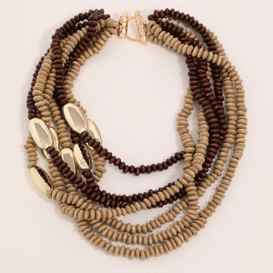 Bohemian multi-layer handmade beaded necklace with wooden beads and gold metal accents