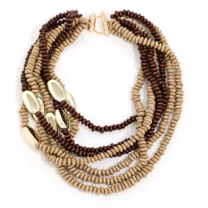 Bohemian multilayer beaded necklace with brown wooden beads and gold metal accents