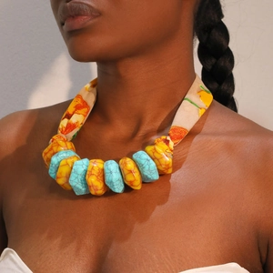 Bohemian large chunky resin stone necklace with floral print fabric ribbon tie for women