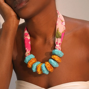 Bohemian Necklace Resin Imitation Turquoise Beads Printed Fabric Ribbon Strap Handmade Ethnic Style For Women Jewelry