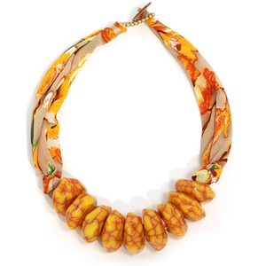 Bohemian floral fabric printed necklace with yellow faux turquoise resin beads