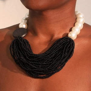 Chunky Layered Necklace Imitation Artificial Pearl Glass Seed Beads Wood Accent Aluminum Bohemian Statement Handmade Retro Jewelry Women
