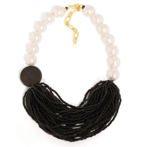 Multilayer bohemian faux pearl necklace with black seed beads and gold metal clasp