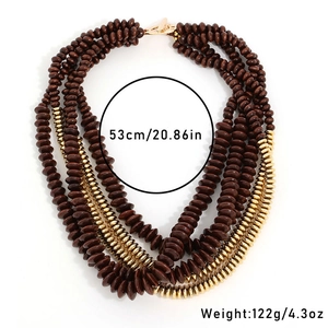 Handmade multilayer wood bead choker necklace for women with gold metallic accents