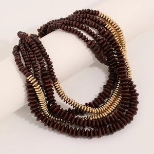 Handmade multilayer wood bead necklace with gold accents in bohemian style