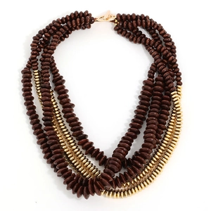 Handmade bohemian multilayer wooden bead necklace with gold metallic accents and a clasp