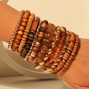 Bohemian Multi-layer Beaded Bracelet Set For Women Handmade Wood Earth Tone Vintage Ethnic Style Jewelry Accessories