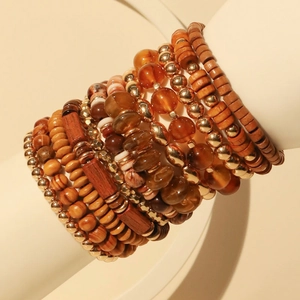 Bohemian style stackable wood bead bracelet set for women in coffee brown tones