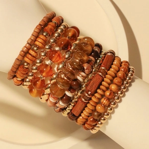 Handmade 12-piece brown wooden beaded bracelet set with golden metallic accents