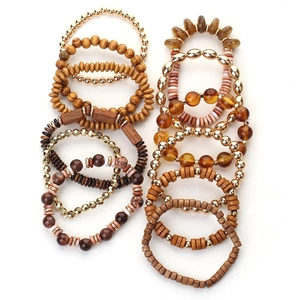 Set of 12 handmade bohemian wooden beaded bracelets in coffee brown and gold tones
