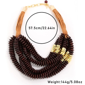Bohemian multilayer necklace with dark wood beads and gold accents, 57.5cm long