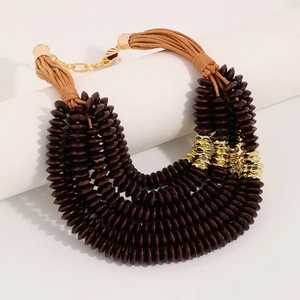 Bohemian multilayer beaded necklace with deep reddish-brown wooden beads and gold accents