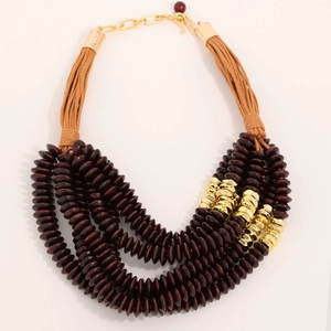 Bohemian multilayer beaded necklace with deep reddish wood discs and gold accents