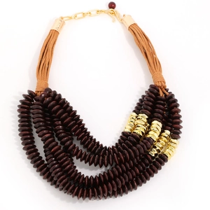 Bohemian multi-layer necklace with handcrafted dark brown wooden beads and gold accents