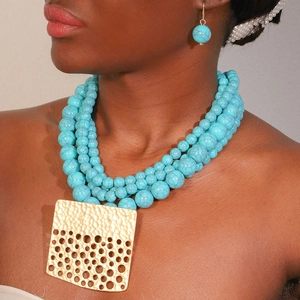 Collier Et Boucles Oreilles Perles Turquoise Bohème Multicouche Alliage Martelé Pendentif Coeur Géométrique Femme